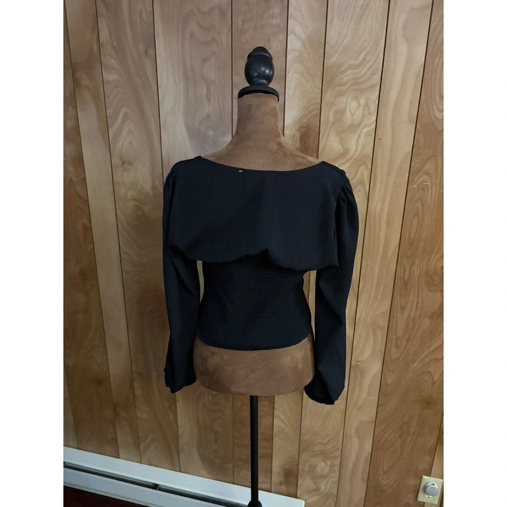 Abercrombie & Fitch Black‎ Tie-Front Ruched Smocked Long Sleeve Blouse Womens M